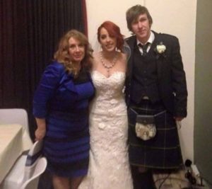 Cecilia Bleasdale wearing the dress at her daughter, Grace's wedding to Keir Johnston of Colonsay Scottland